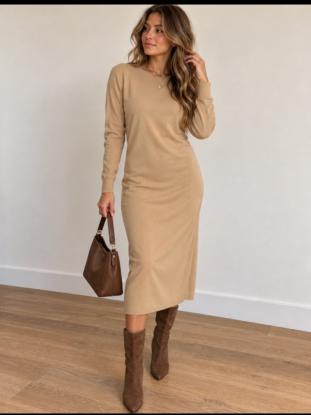 New Women's Long Sleeve Midi Dress in Brown size L